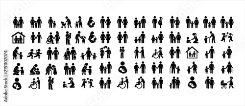 Family life cycle pictograms showing diverse household structures and generational bonding interactions. Minimalist Line Icon Vector