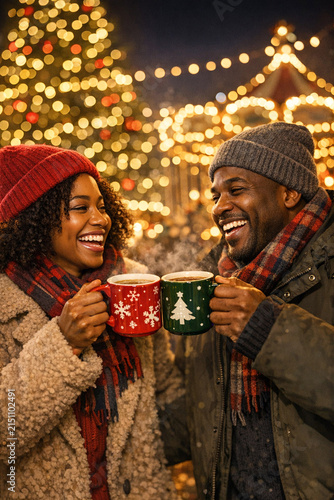 Smiling couple enjoying hot chocolate in holiday cheer, surrounded by Christmas lights and decorated trees.