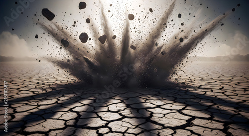 Dust and rock explosion in cracked desert landscape with dramatic sky.