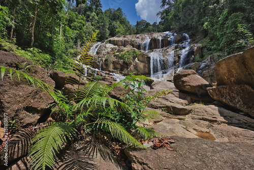 Konstfotografi Refreshing jungle waterfall landscape with wild ferns in the foreground at Sunga