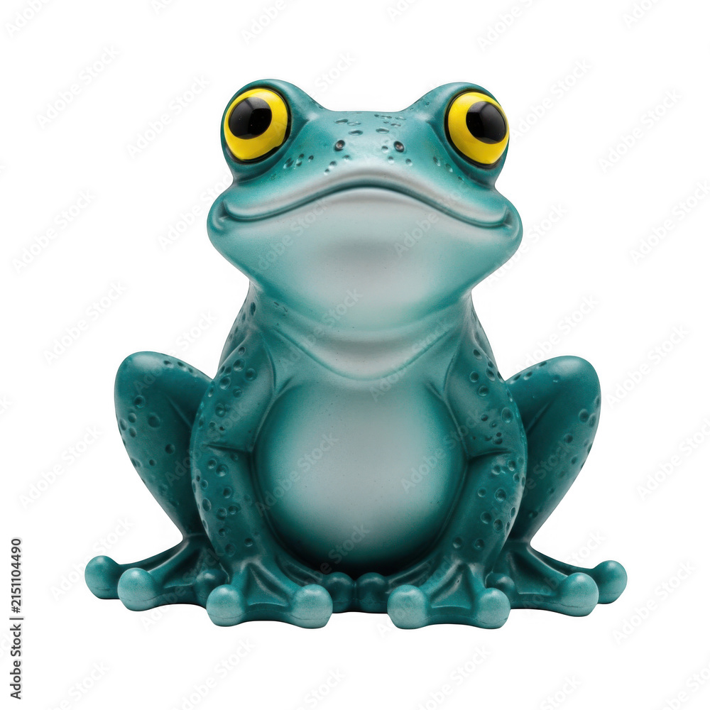 Fototapeta premium A glossy teal frog figurine with large yellow eyes and textured skin sitting on a white background