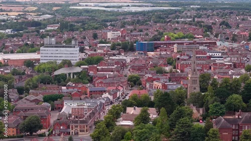 Aerial view of the town center of Kettering, England.