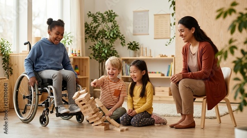 Diverse group of children playing a wooden block game with their teacher in a classroom.