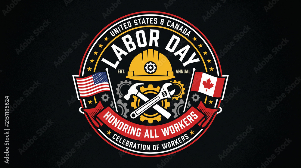 Fototapeta premium Labor Day badge logo honoring US and Canadian workers on black background.