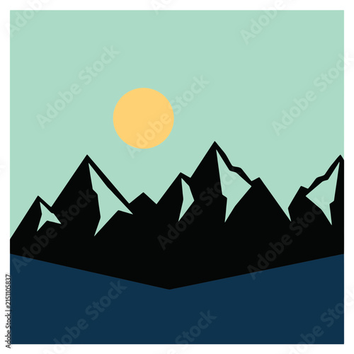 A minimalist graphic illustration of dark mountains under a bright yellow sun