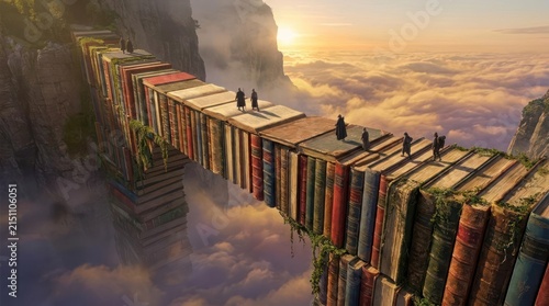 Bridge made of giant books crossing misty mountain peaks.