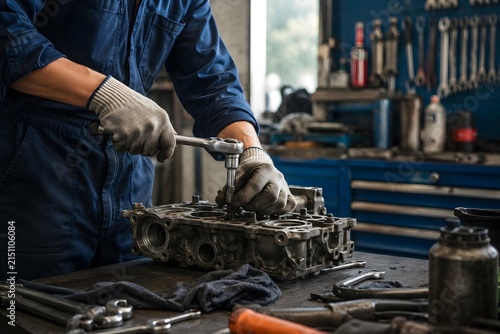 auto mechanic repairing car engine cylinder head with ratchet wrench in workshop