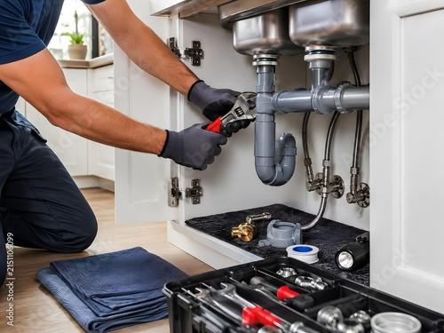 plumber repairing kitchen sink drain pipes with adjustable wrench under cabinet
