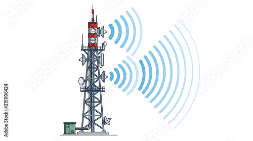 Tall Communication Tower Transmitting Radio Waves With Multiple Antennas And Signal Propagation Visualization