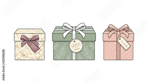Three Pixel Art Gift Boxes With Ribbons And Tags On White Background