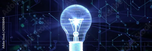 Digital light bulb glowing over circuit network, innovation concept for technology website banner with copy space for text