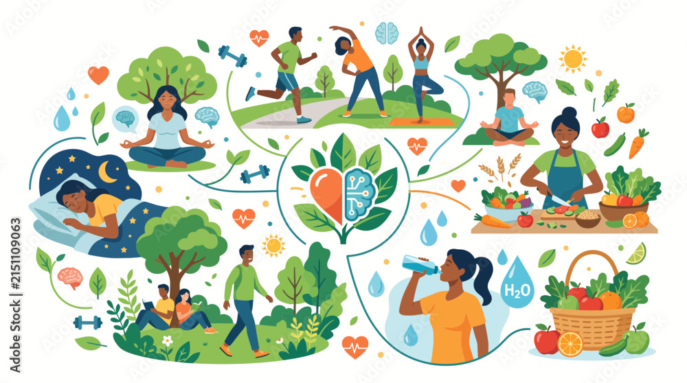 Obraz premium Holistic Healthy Lifestyle A vibrant illustration showcasing balanced living through exercise, nutrition, sleep, meditation, and hydration for overall well-being