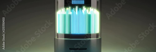 Glowing battery indicator in futuristic device, energy storage concept for technology website banner with copy space for text