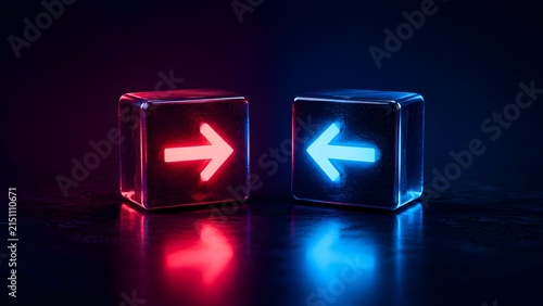 Red and blue glowing directional arrows on metallic cubes representing opposing network traffic and bidirectional data flow