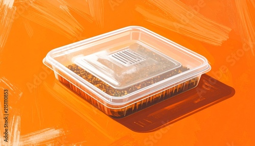 Plastic food container with lid on orange background.