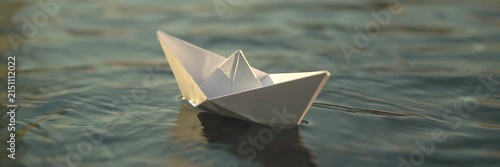 White paper boat floating on calm water, journey concept for business website banner with copy space for text