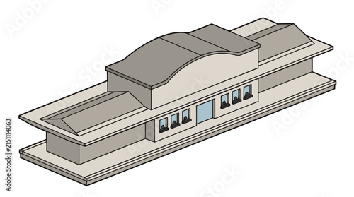 Modern Building Structure Presented with Multiple Levels and a Unique Roofline in an Isometric Illustration Style.