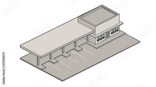 Modern Commercial Building Featuring an Extended Canopy and Designated Parking Spaces in a Minimalist Isometric Illustration Style