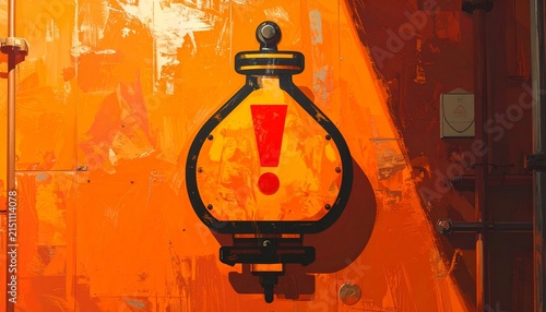 Industrial Warning Sign with Exclamation Mark on Orange Background.