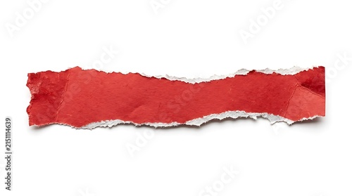 A single piece of red torn paper strip isolated on white background.