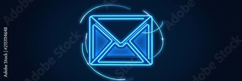 Glowing neon email envelope icon on dark background, communication concept for digital marketing website banner with copy space for text