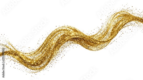 Abstract golden glitter wave of sparkling particles on white background.
