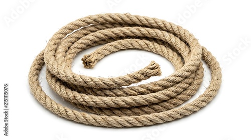 Coiled natural fiber rope isolated on a white background.