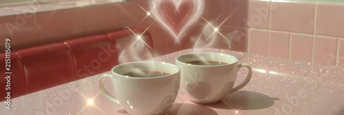 Two steaming coffee cups with hearts, romance concept for Valentine cafe website banner with copy space for text