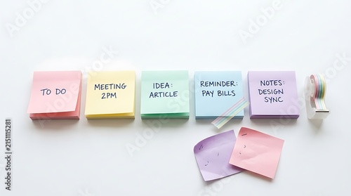 Colorful sticky notes with handwritten tasks arranged on a white surface.