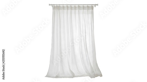 Plakat w ramie Elegant sheer white curtain hanging on a metal rod isolated on white background.