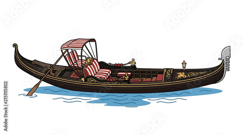 Traditional Venetian Gondola Navigating the Waterways of Venice Italy with Striped Canopy and Oars