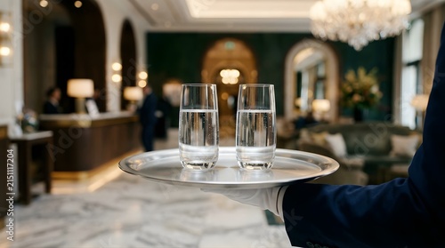 Server holding a silver tray with two water glasses in a luxury hotel