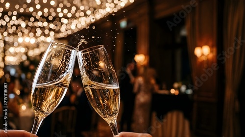 Sparkling champagne glasses clinking for a festive wedding celebration