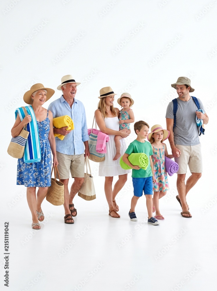Fototapeta premium Multi generational family walking together with beach gear on white background