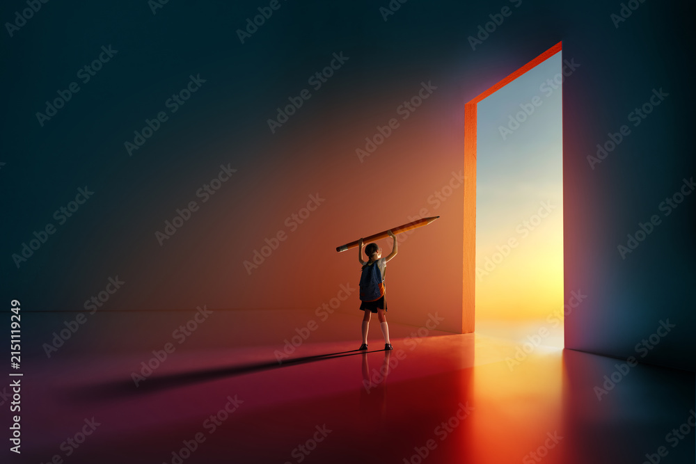 Fototapeta premium Child Holding Giant Pencil Facing Open Door in Sunset