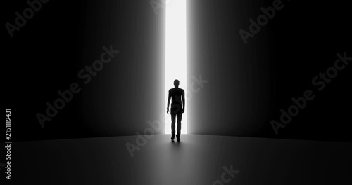 Low Angle 3D Render of Silhouette Man Walking Towards Bright Light Between Dark Walls