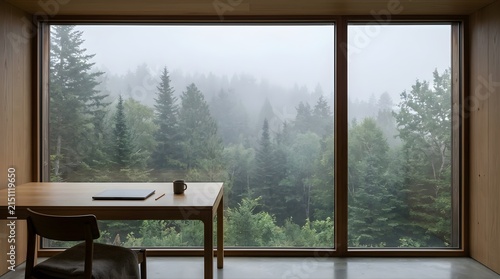 Wooden home office desk with laptop overlooking a foggy pine forest view