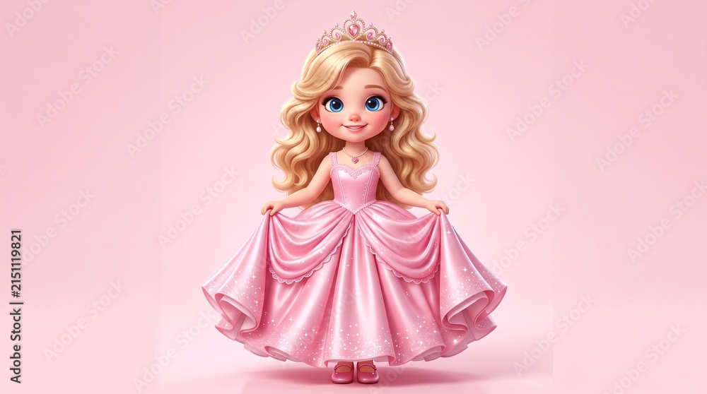 Fototapeta premium Charming 3D princess doll, a cute blonde character in a shimmering pink ball gown and tiara, perfect for children's designs and fantasy themes. Adorable cartoon princess illustration with a