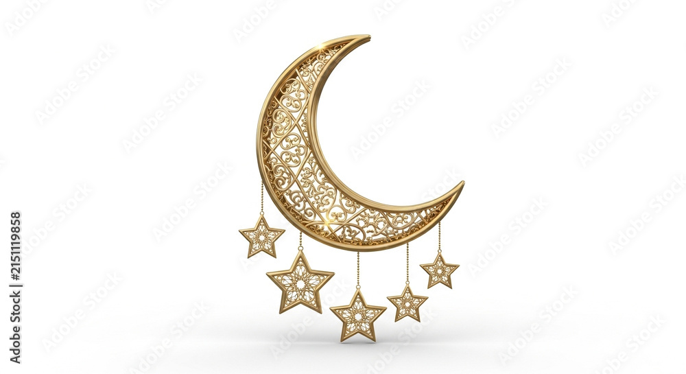 Fototapeta premium Golden crescent moon with dangling stars for Islamic or celestial celebration decor