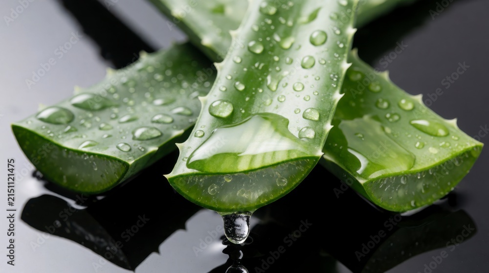 Fototapeta premium Fresh aloe vera leaves are depicted with clear water droplets and a dripping gel. Ideal for showcasing natural skincare, wellness, and sustainable beauty product promotions.