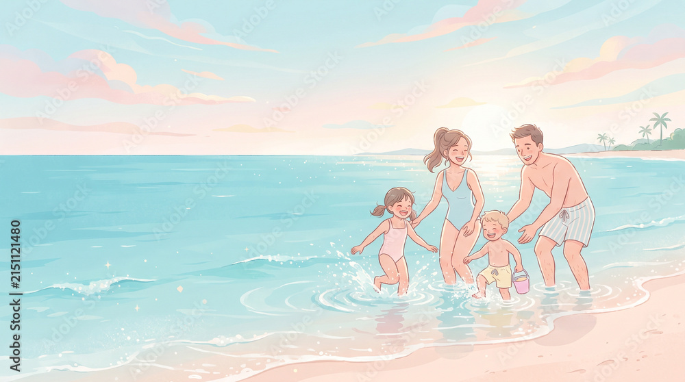 Fototapeta premium Happy Family Having Fun Together on the Beach During Summer Vacation, Parents and Children Enjoying the Sea, Sand, Ocean Water and Outdoor Holiday Lifestyle