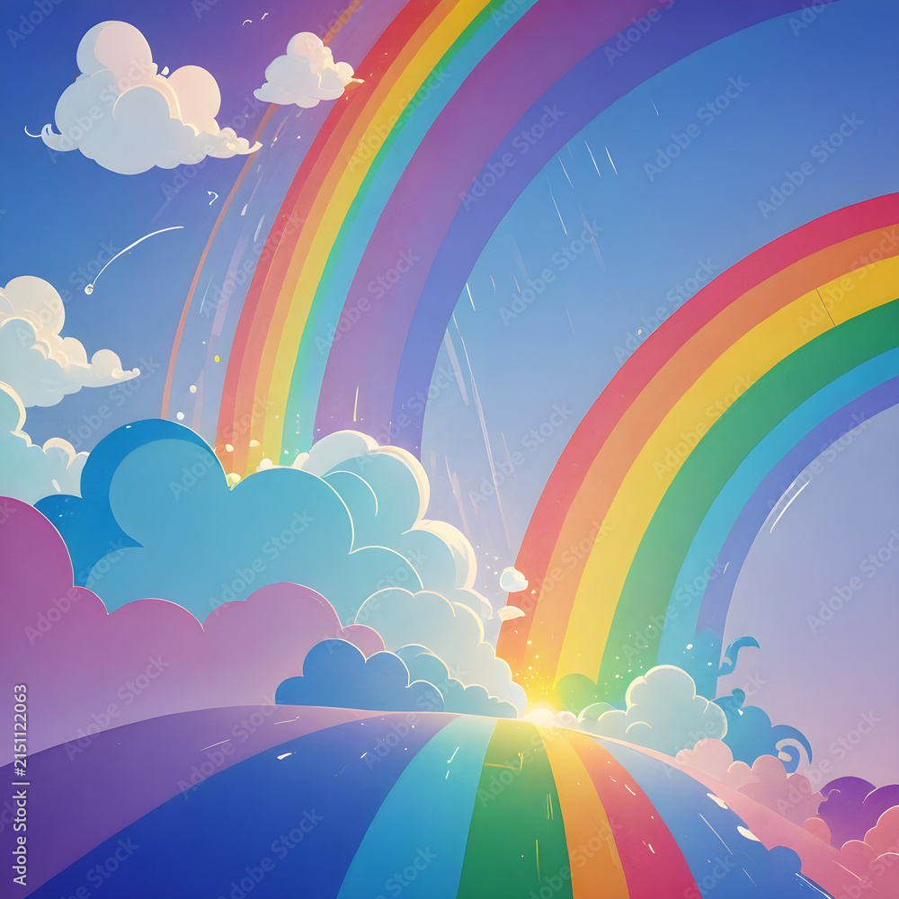 Fototapeta premium Rainbows arc gracefully over soft fluffy clouds in a bright blue morning sky.