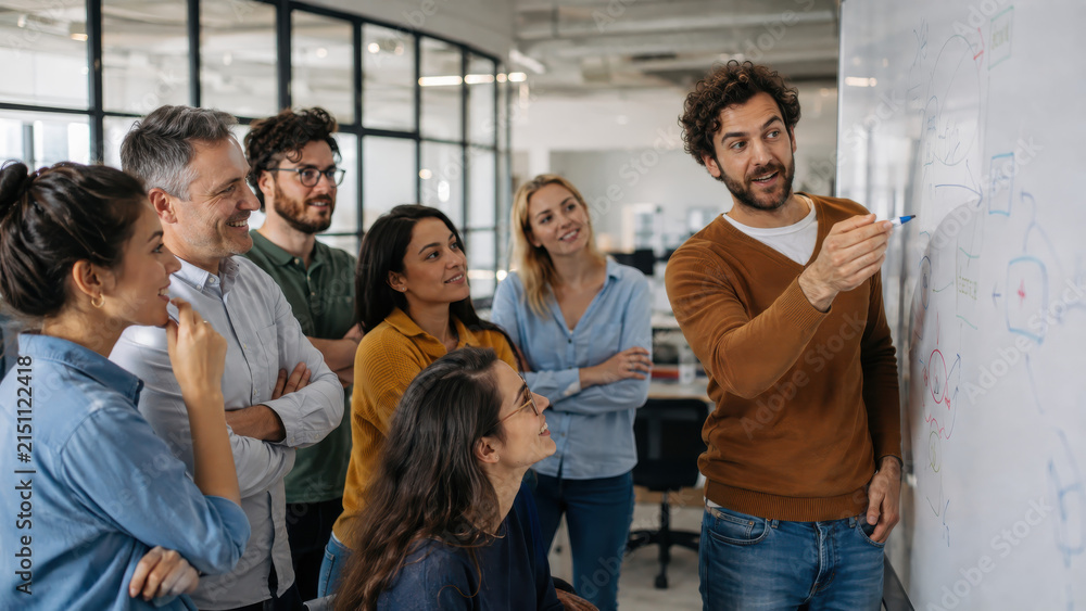 Obraz premium Group of diverse professionals engaged in a brainstorming session, with a man presenting ideas on a whiteboard in a modern office environment filled with natural light and collaborative workspace