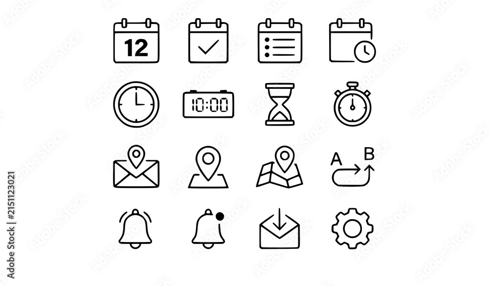 Fototapeta premium Date, Time, Address and Notification Line Icons Set – Location, Calendar and Clock Vector