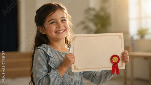 Young girl with long brown hair wearing a blue dress holds a blank certificate with a red ribbon in a bright indoor setting, smiling proudly in front of a blurred background of a classroom