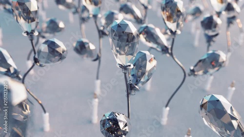 3D rendering animation of abstract crystal diamond flowers blooming and gently swaying on metallic stems. A luxury seamless loop motion graphics background with soft bokeh and refractive glass lightin