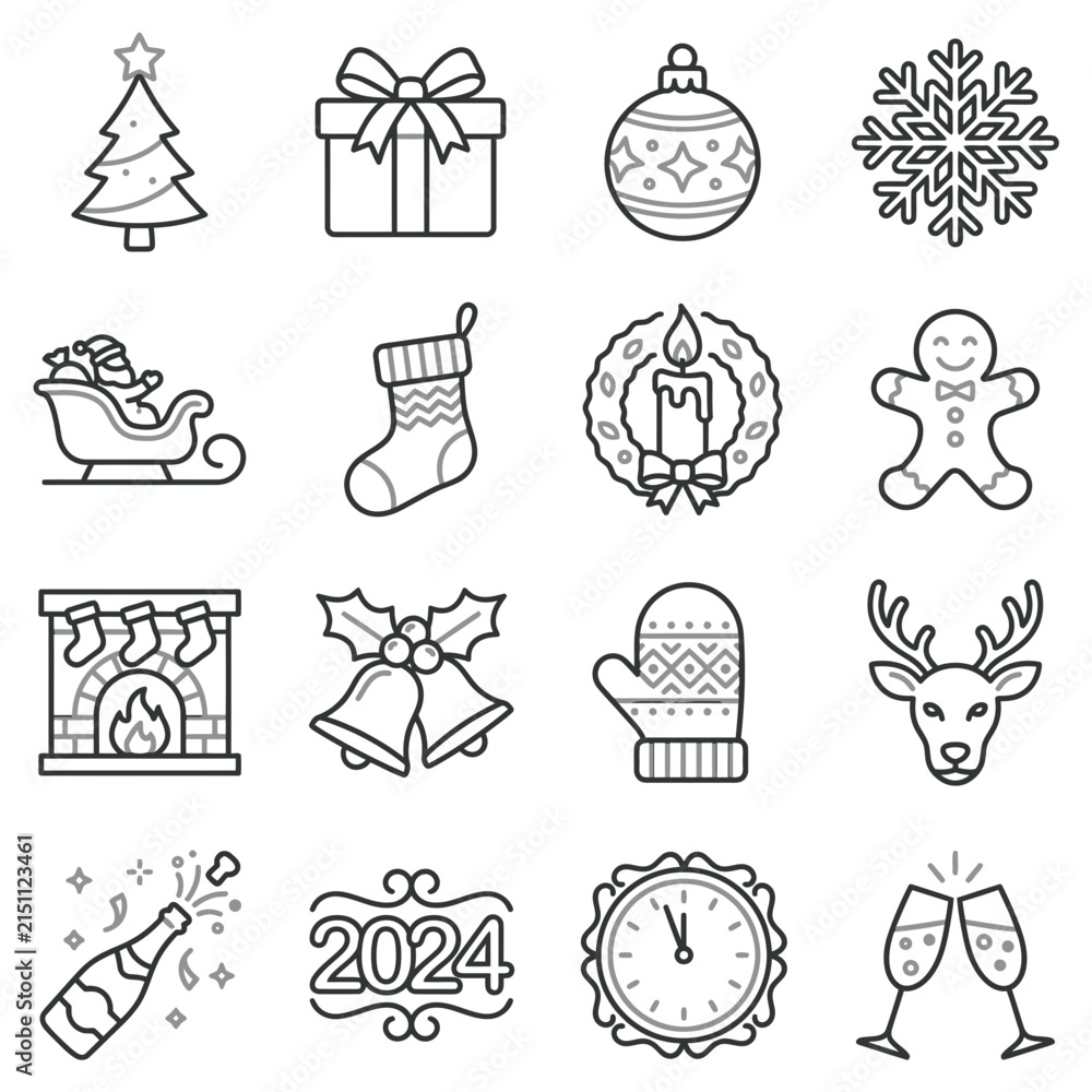 Fototapeta premium Christmas holiday and winter celebration line icon set.