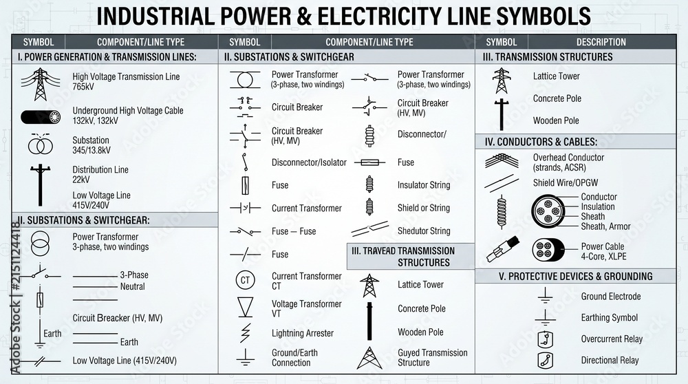 Fototapeta premium Comprehensive Industrial Power and Electricity Line Symbols Diagram for Electrical Engineering, Grid Infrastructure, and Energy Transmission Systems