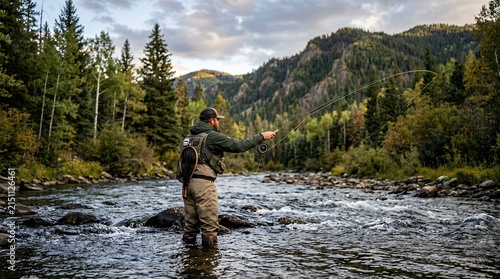 Experienced Angler Fly Fishing in Scenic Mountain River Surrounded by Lush Forest