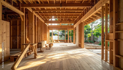 Interior of modern wooden house under construction with sunlight